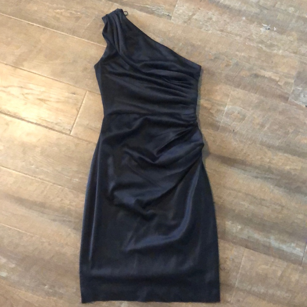 London Times Black Silky One Shoulder Dress 2